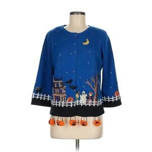 Michael Simon Halloween Haunted House Hanging Pumpkin Jack O Lantern Cardigan M